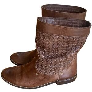 FRYE "Shirley" Women's Leather Woven Huarache Boots, Brown, Size 6, Calf-Hi
